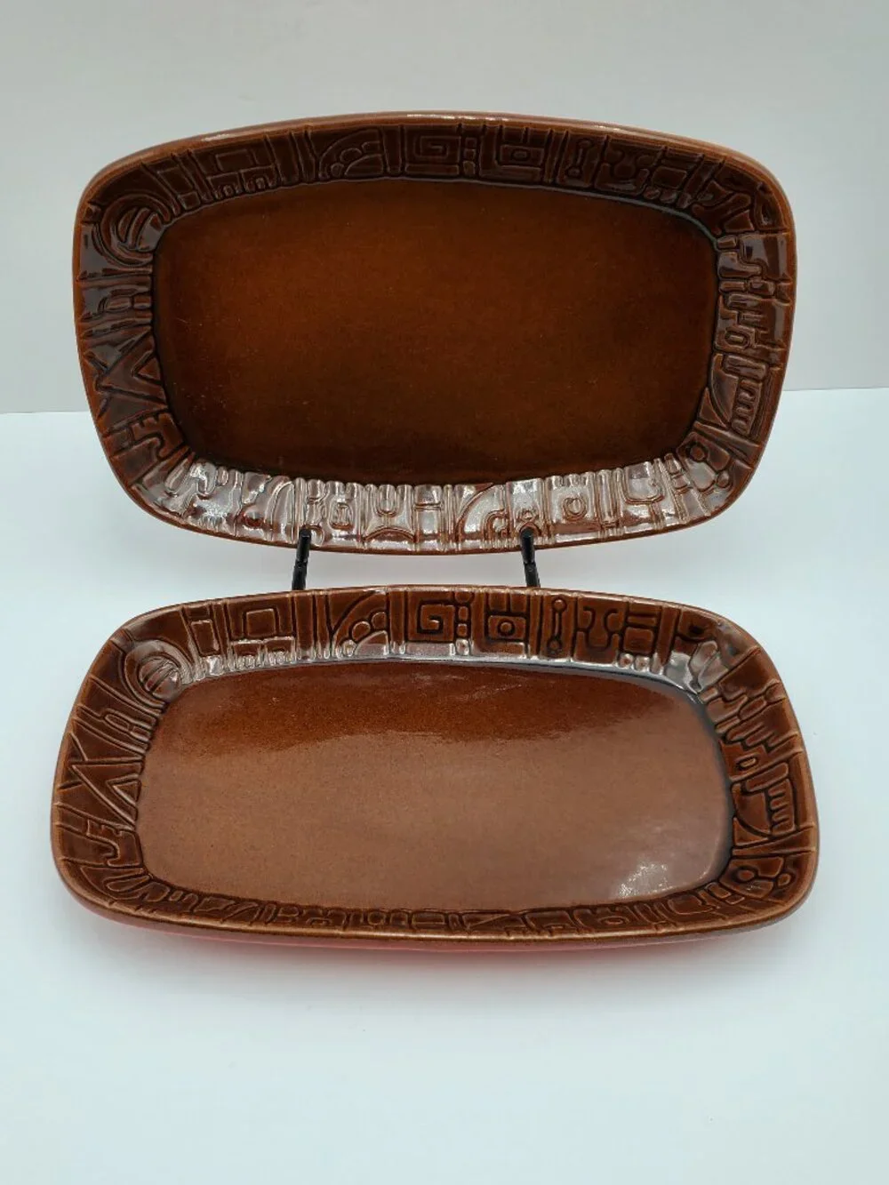 Frankoma Pottery 7PS Mayan Aztec Coffee Brown Serving Trays Snack Plates